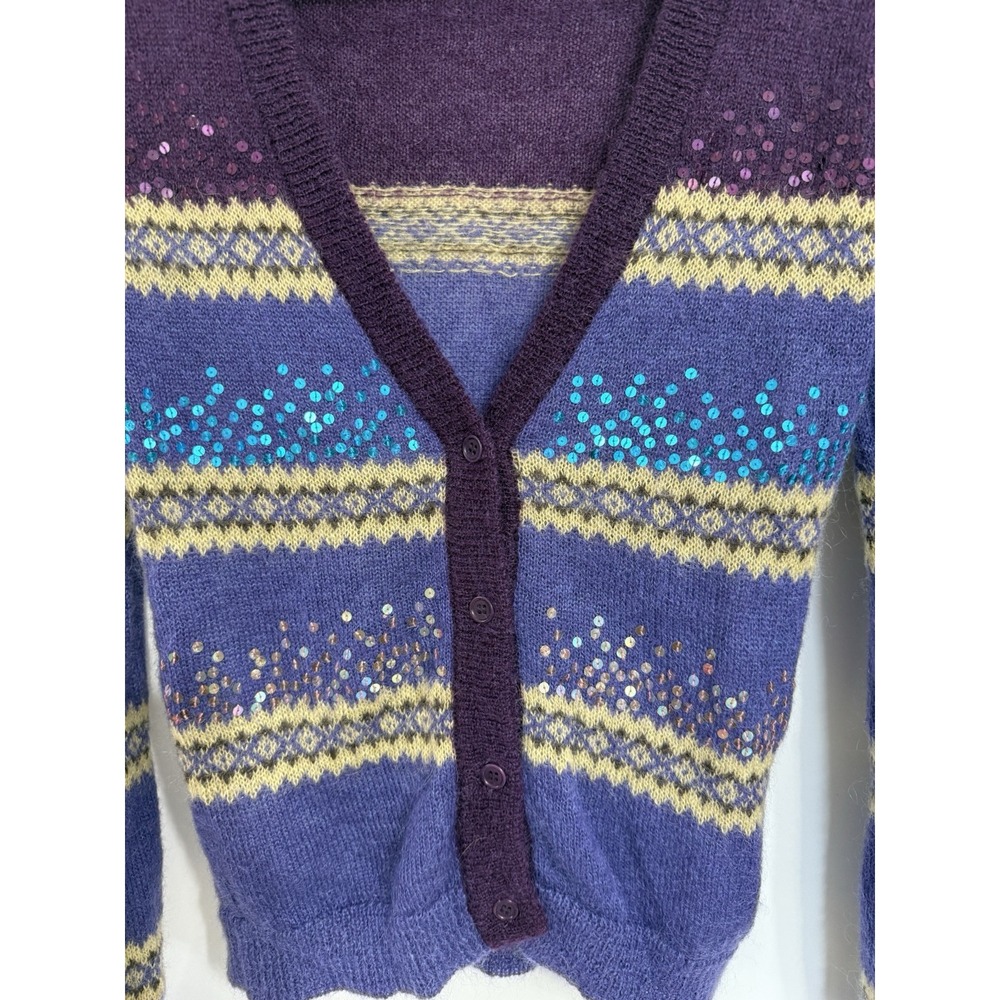 French Connection Vtg Women's Cardigan Mohair Sweater Purple sequins L Fair Isle - Picture 2 of 7